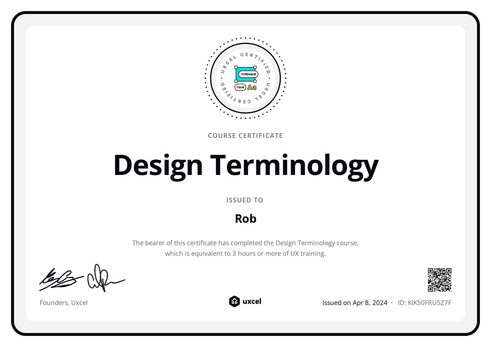 Rob B's certificate